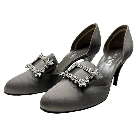 CHANEL Crystal Embellished D'Orsay Pumps EU 39.5 US 9.5 Dark Gray Satin Heels - Picture 4 of 15